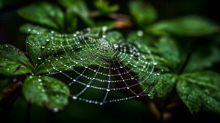 A close-up photo of a spider's web stretched between leaves, net covered in dew, created using Generative AI technology