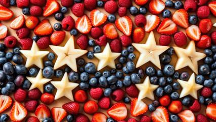 patriotic dessert, featuring red, white, and blue fruit arranged in the shape of the American flag, independence day concept, generative ai