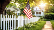 American Flag Proudly Displayed On A White Picket Fence, Surrounded By Lush Greenery, Independence Day Concept, Generative Ai