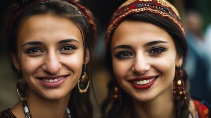 Wall Mural - Smiling Romani  young women looking at the camera. Generative AI