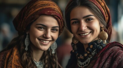 Wall Mural - Smiling central asian young women looking at the camera. Generative AI