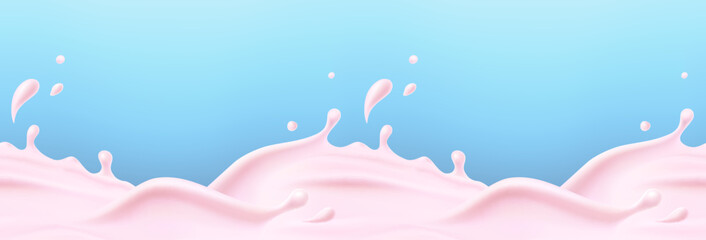 Wall Mural - strawberry milk beverage splash seamless pattern. 3d realistic pink yogurt wave border. liquid rose 