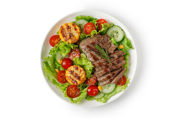 Wall Mural - Roast beef salad isolated on white background with clipping path. Cut out. Salad, meal with meat steak, grilled corn and beef meat with vegetable. Diet dinner concept.