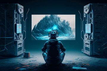 Wall Mural - male metaverse worker browsing the internet network in his workspace facing a virtual environment wi