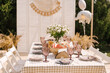 rustic outdoor birthday decor, table setting and photo zone
