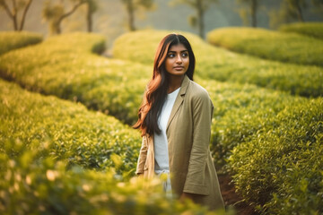 Young and beautiful woman standing in tea plantation. Gorgeous brunette indian girl in stylish beige jacket walking between tea plants. Generative AI