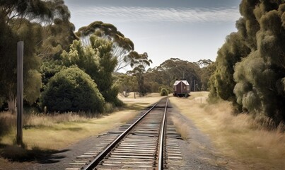 Sticker -  a train track running through a rural area with trees on both sides.  generative ai