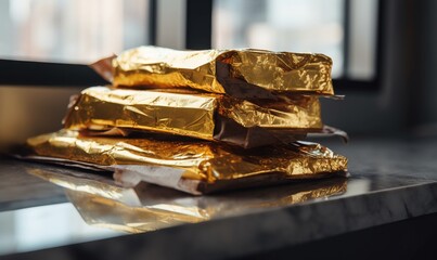 Sticker -  a stack of gold foil sitting on top of a counter.  generative ai