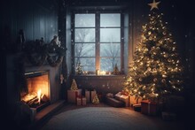 Luxury Interior, Christmas Tree, Fireplace, Generative AI