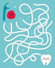 Wall Mural - Maze game for kids. Help the Dental floss find right way to tooth. Cute kawaii characters. Learn about dental health. Printable educational labyrinth. Vector illustration.