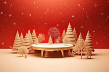 Table Decorated With Snowflakes, Tree, Generative AI