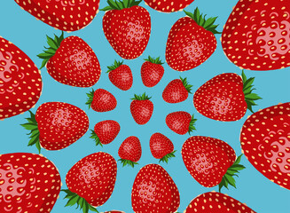 Wall Mural - Strawberry pattern, whole red fruit. Fresh organic tropical fruit background. Vegetarian design full of vitamins, creative summer refreshing concept