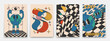 © BonkiStudio - Collection of bright groovy posters 70s. Retro poster with psychedelic abstract objects, and a character in the form of the planet earth, vintage prints, isolated