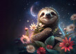 Fairytale sloth. Emotions of happiness. For a children's book. Copy space. Banner. Generative AI