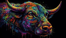 Psychedelic Bull With Vibrant Colorful Watercolor Art Style. Isolated On Black Background. Based On Generative Ai.