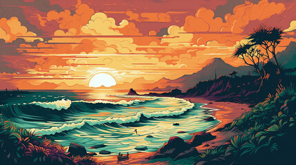 Beach, sunset in the style of graphic novel inspired illustrations. Generative AI.