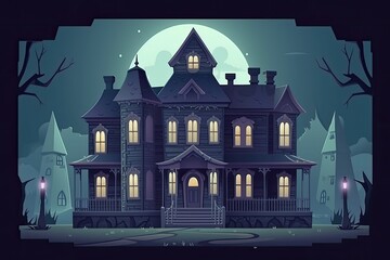 Poster - spooky house under the light of a full moon. Generative AI