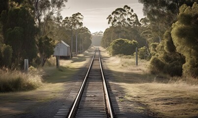 Sticker -  a train track running through a rural area with trees on both sides.  generative ai