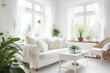 © TRINETTE + CHRIS - Cozy cottage style living room with white linen sofa and plants