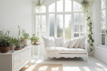 Cute Cozy White Boho Style Cottage Living Room With White Linen Sofa