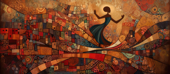 african woman dancing in the streets of a city, colorful painting, generative ai illustration