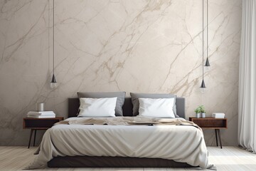 Sticker - luxurious bedroom with a marbled wall and a comfortable bed. Generative AI