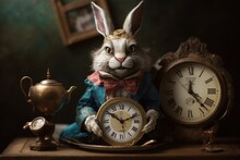 Alice In Wonderland. Cheshire Cat White Rabbit, Alice In Blue Dress Drink Tea. Alice Through The Looking Glass. Generative AI. 