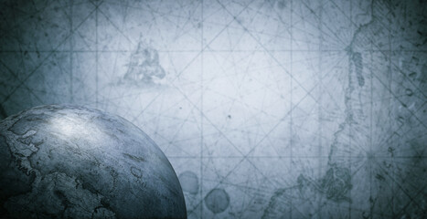 ancient old globe on the vintage map background. selective focus. retro style. science, education, t