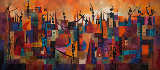 african woman dancing in the streets of a city, colorful painting, generative ai illustration