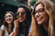 young adult women side by side, smiling and beaming good mood and joy, fun and entertainment in group, friends or team. Generative AI