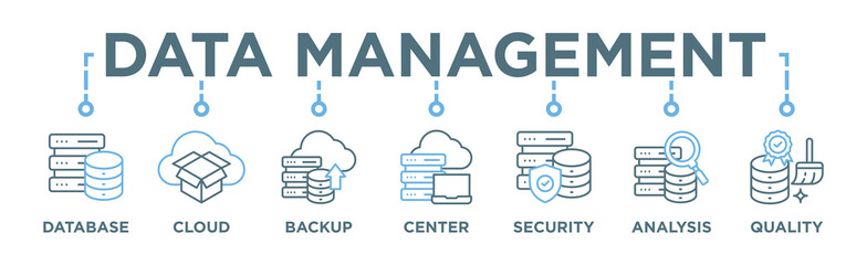 Sticker - Data Management banner web icon vector illustration concept with icon of database, cloud storage incremental backup, data center, data security, data analysis, data quality