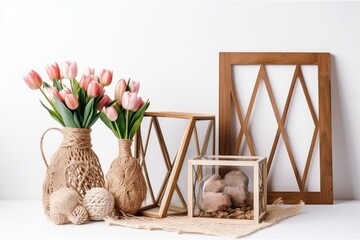 Canvas Print - table adorned with vases filled with pink flowers in a bright and airy room. Generative AI