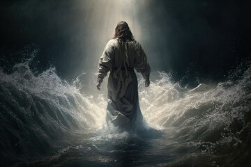 Wall Mural - Jesus walking on water is a well-known miracle recorded in the Bible, demonstrating his divine power and authority over nature. This event is often seen as a symbol of faith and trust.