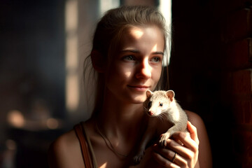 Handsome volunteer woman worker holding a little rescued animal, hugging, caring, green jungle forest landscape, freedom, exotic, wildlife preservation, help, protecting, animal rights