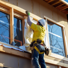 A construction worker is installing a window on a home remodel. A construction worker is working on a house that is being built. Generative AI