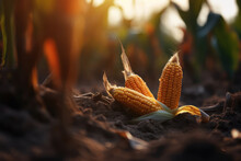 A Stunning Close-up Of Ripe Corn Growing In A Lush Field Of Farmland, Showcasing The Beauty Of Agricultural Cultivation And The Bounty Of Nature's Harvest. Corn Growing In Fresh Soil. Generative AI.
