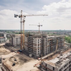 Sticker - Construction Site View With Tower Crane. generative ai