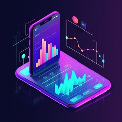 Smartphone with business graph and analytics data on isometric mobile phone. Analysis trends and software development coding process concept. Programming, testing cross platform code. generative ai