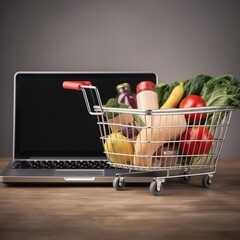 Wall Mural - Concept of online grocery shopping and food delivery. Food-filled shopping cart with laptop on store shelf. generative ai