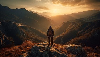 Canvas Print - Men hiking mountain peak, backpacks, enjoying nature beauty generated by AI