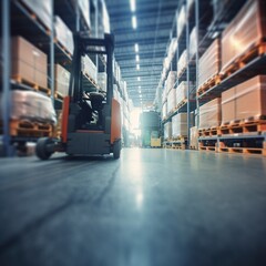 Canvas Print - warehouse interior with blurred forklift and worker in logistic center. generative ai