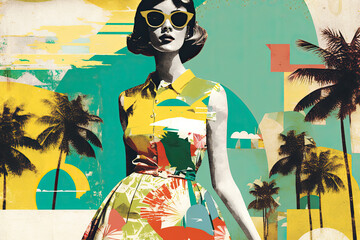 Summer travel collage. Young fashion woman wearing trendy dress. Generative AI