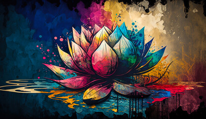 Wall Mural - Abstract mixed grunge colors lotus water lily background painting. Digital painting art in multi colors style. Digital illustration generative AI.