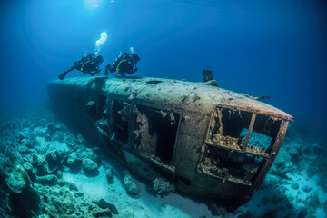 Scuba divers exploring a sunken submarine wreck. Underwater mysteries, high quality generative ai