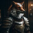 portrait of a nostalgic fox in heavy knight armor