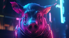 Pig Neon Cyberpunk, Digital Art Illustration, Generative AI