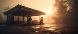 Fototapeta Na ścianę - Realistic Post Apocalypse Landscape illustration of 
gas station in the fog generative ai