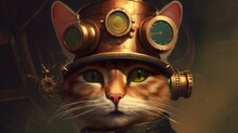 Steampunk Cat Portrait, Digital Art Illustration, Generative AI