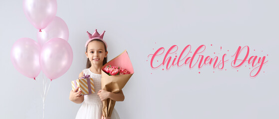 Canvas Print - Little girl with bouquet of tulips, gift and balloons on light background. Children's Day