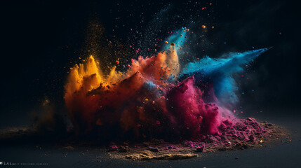 Wall Mural - Colorful Explosions: A Photorealistic World of Liquid and Paint Splatters, Glitter and Confetti Explosions, with Rainbow Colors, Dust, Smoke, Debris, and Fog, Enhanced by AI-Generative Technology